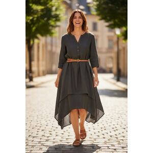 NWT Artisan Earthy Charcoal Oversized High Low Dress Flowy Long Slve X–4XL DAYOU